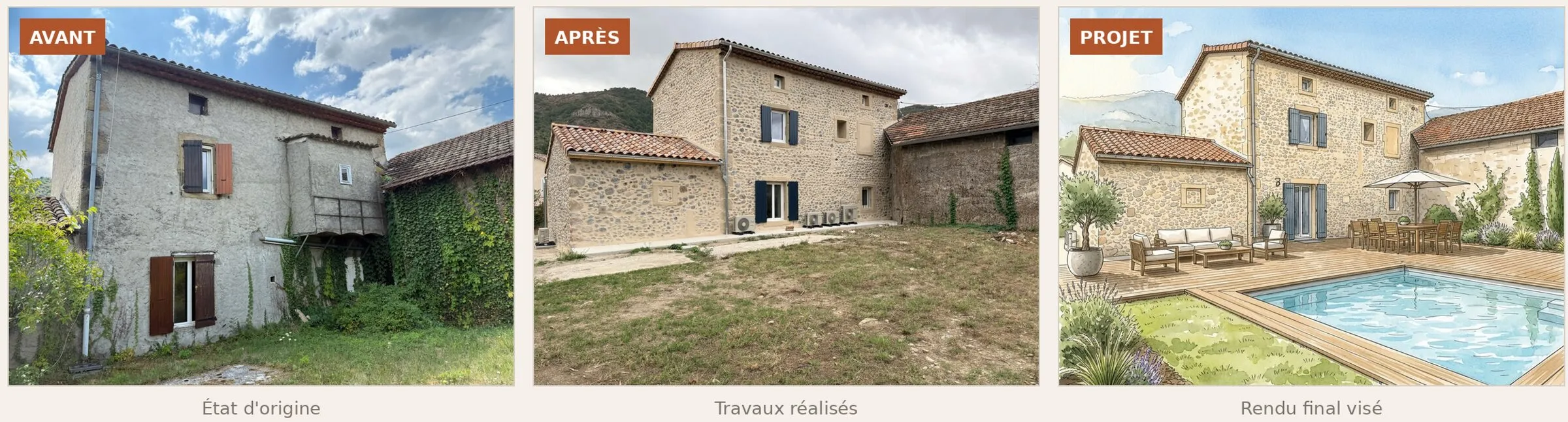Cour nord avant travaux, après travaux et dessin du projet avec piscine