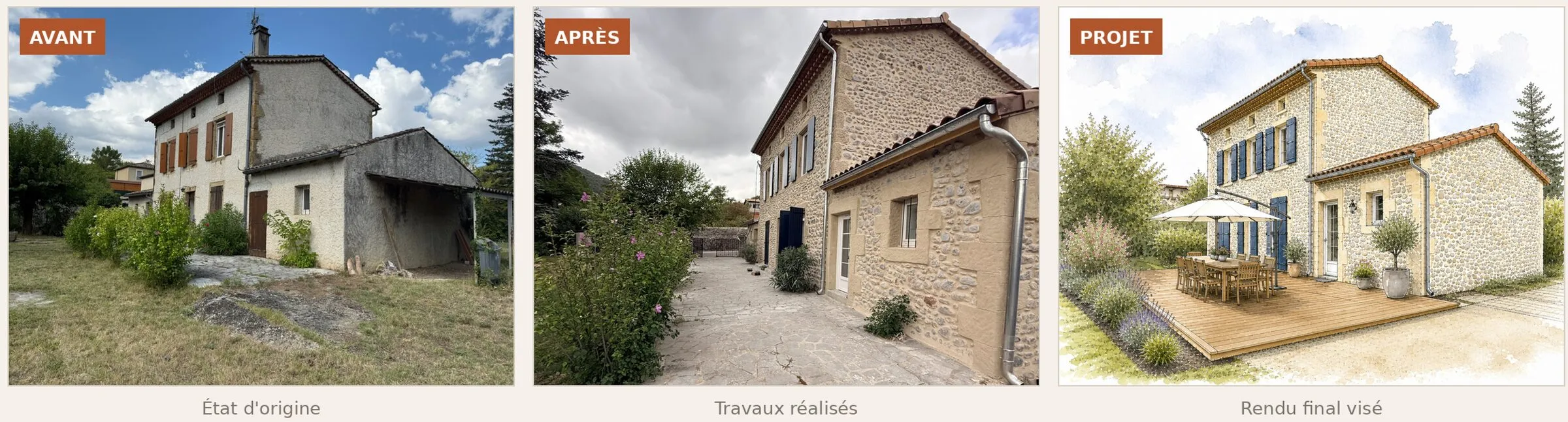 Façade sud avant travaux, après travaux et dessin du projet avec terrasse bois