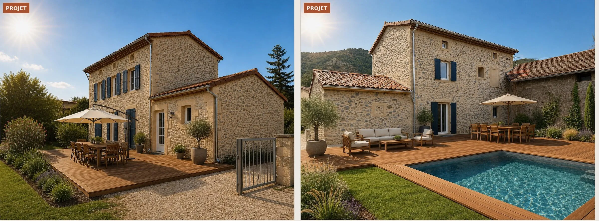 Images d'intention du projet extérieur : terrasse bois côté sud et piscine dans la cour nord