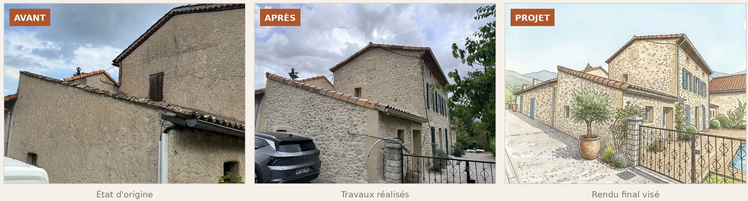 Vue depuis la rue avant travaux, après travaux et dessin du projet